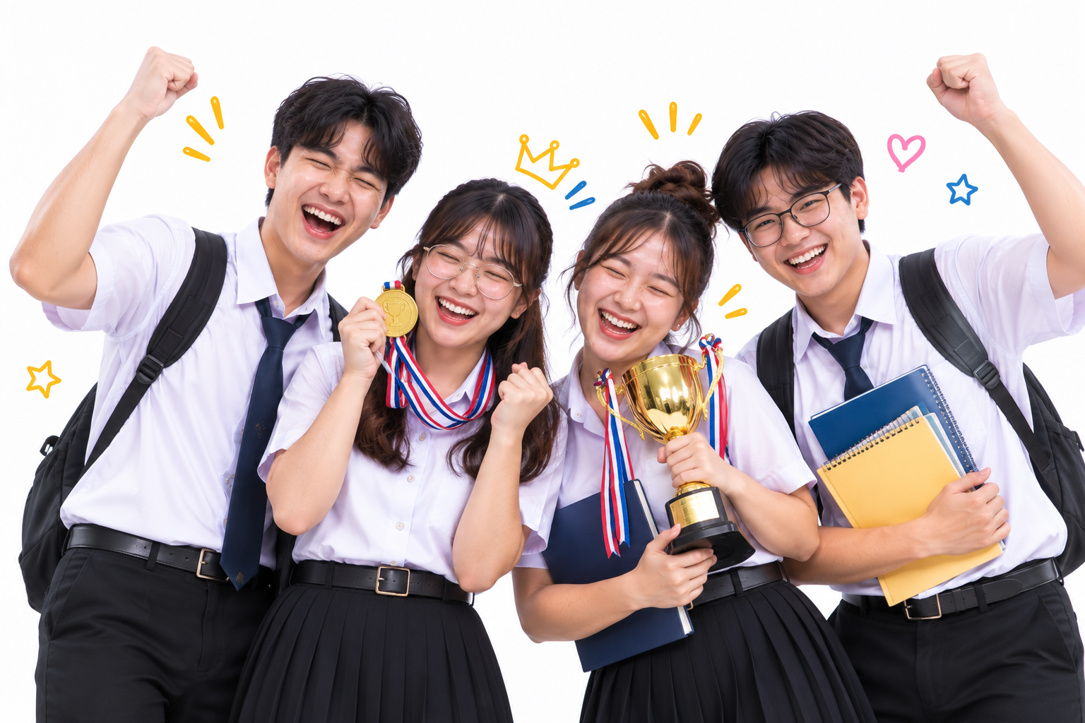 นักศึกษาฉลองความสำเร็จพร้อมถ้วยรางวัลและเหรียญรางวัล